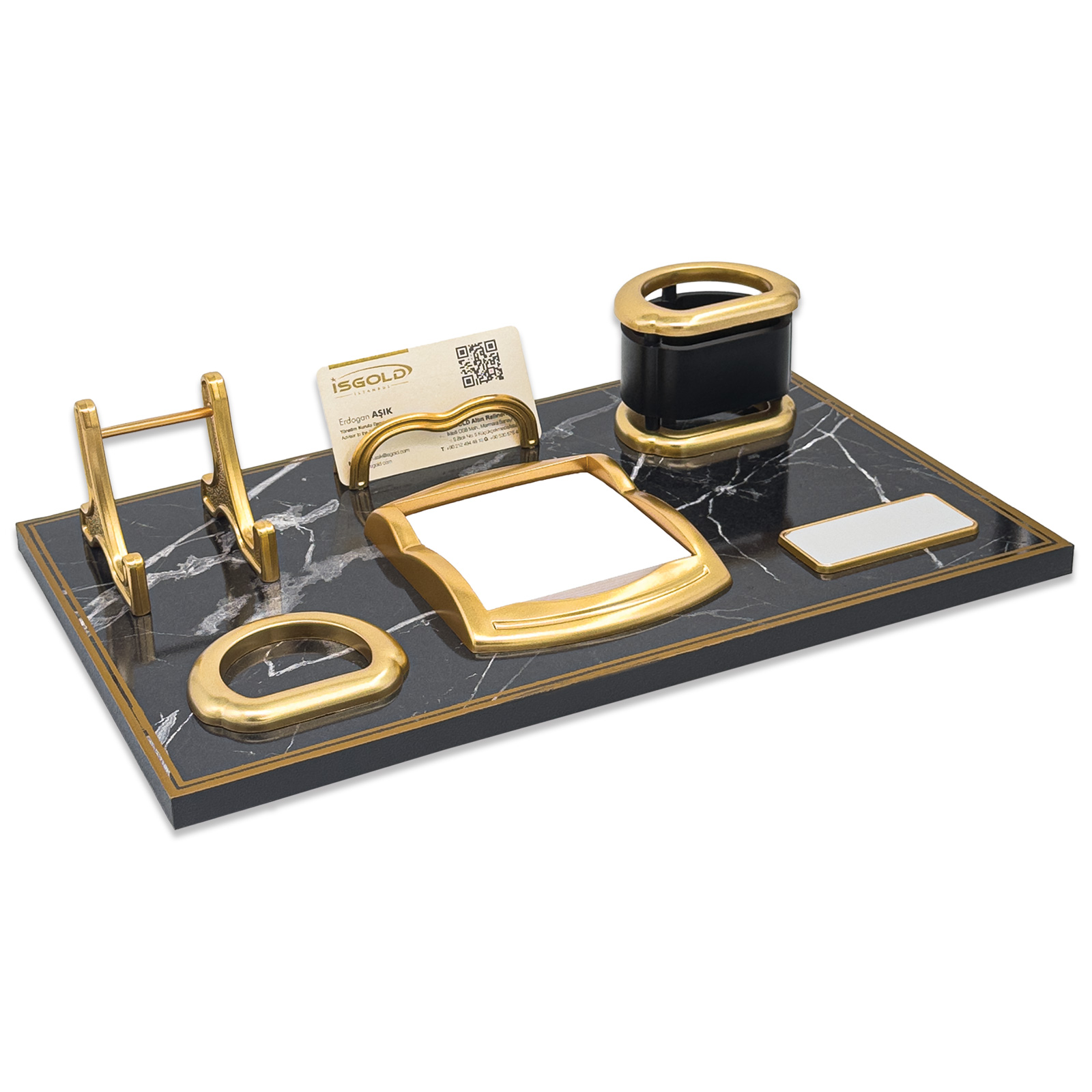 ASİL SİYAH-ALTIN MERMER DESENLİ MASA SETİ